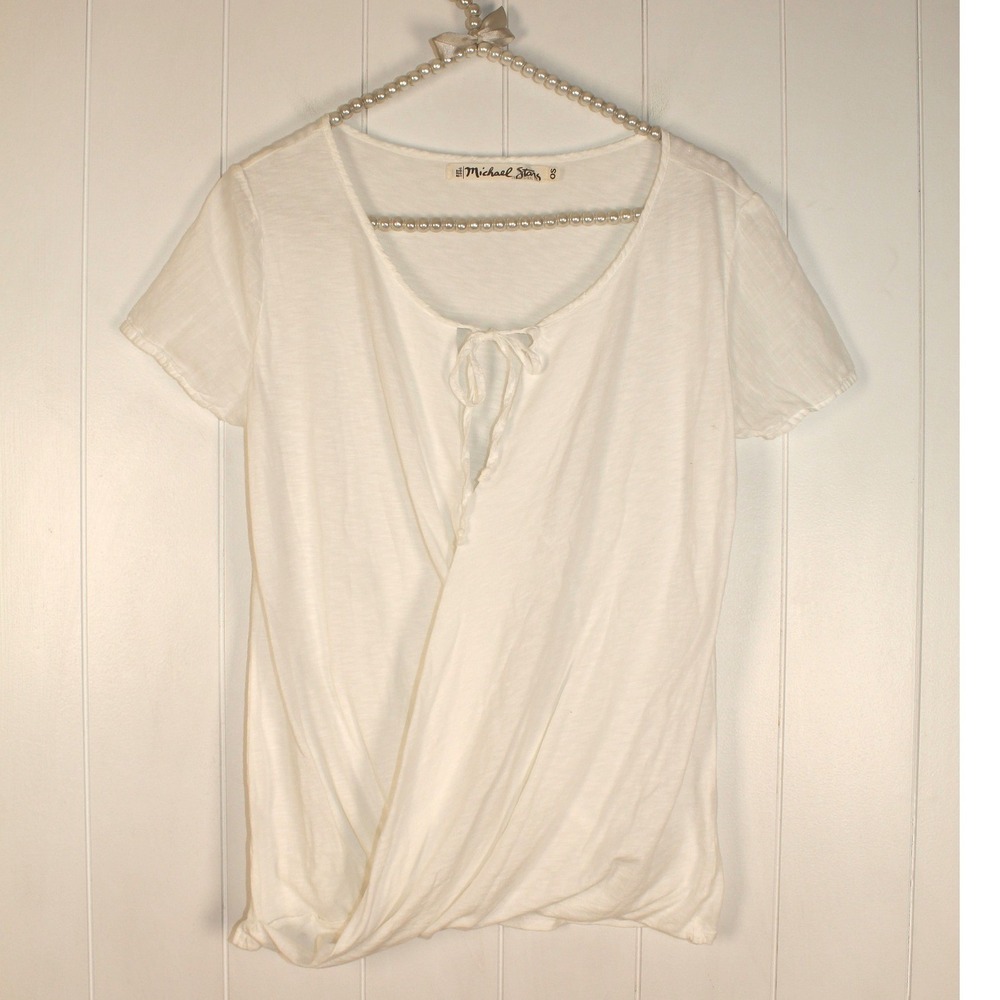 Michael Stars White OSFM Faux Wrap Short Sleeve Tie Neckline Tee